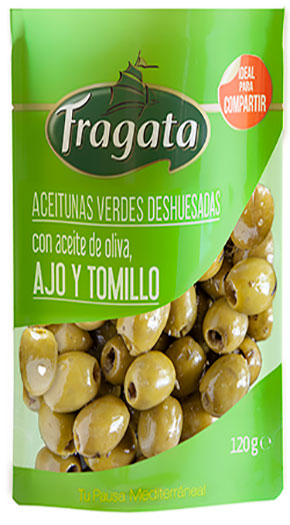 Aceitunas Hojiblancas verdes deshuesadas con aceite de oliva, ajo y tomillo